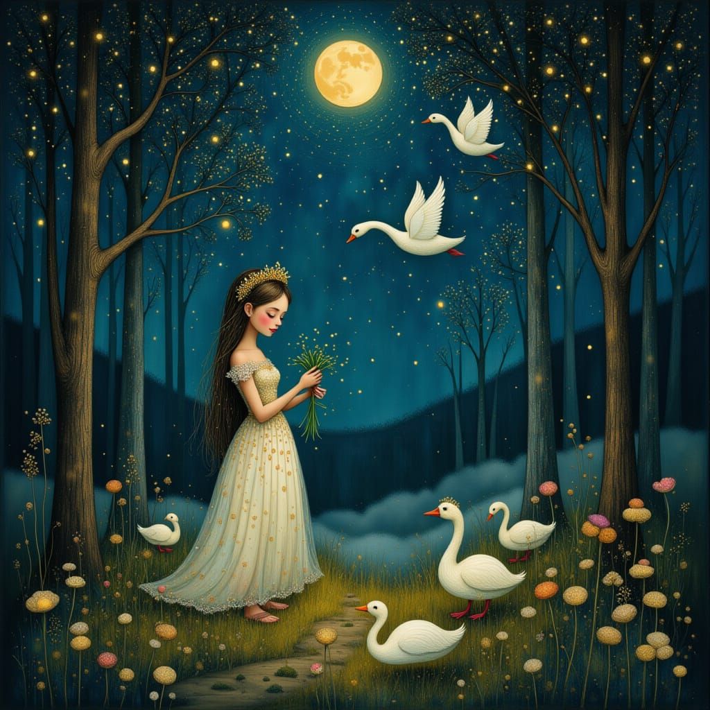 Enchanted Princess Among Ethereal Swans