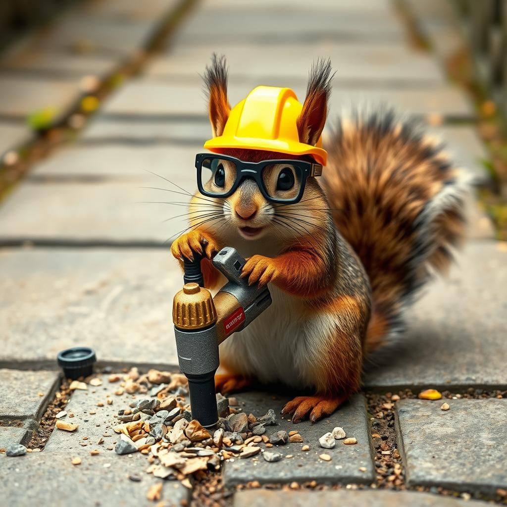 Industrious Squirrel Breaks Footpath with Toy Jackhammer