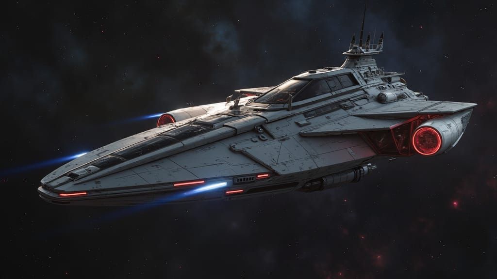 Majestic Silver-Hulled Warp Cruiser in Nebula Clouds
