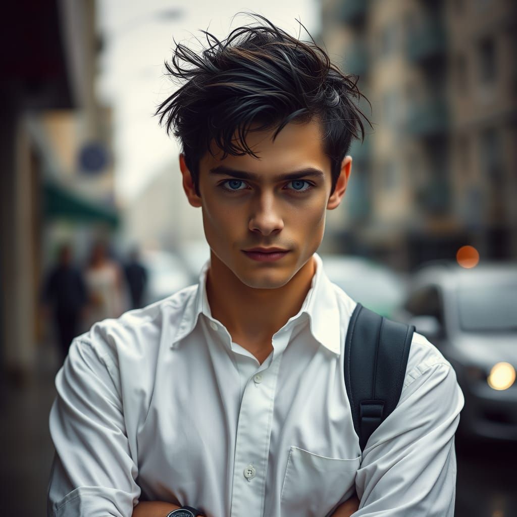 Sly Teenager in Crisp White Shirt, Unruly Black Hair and Pie...