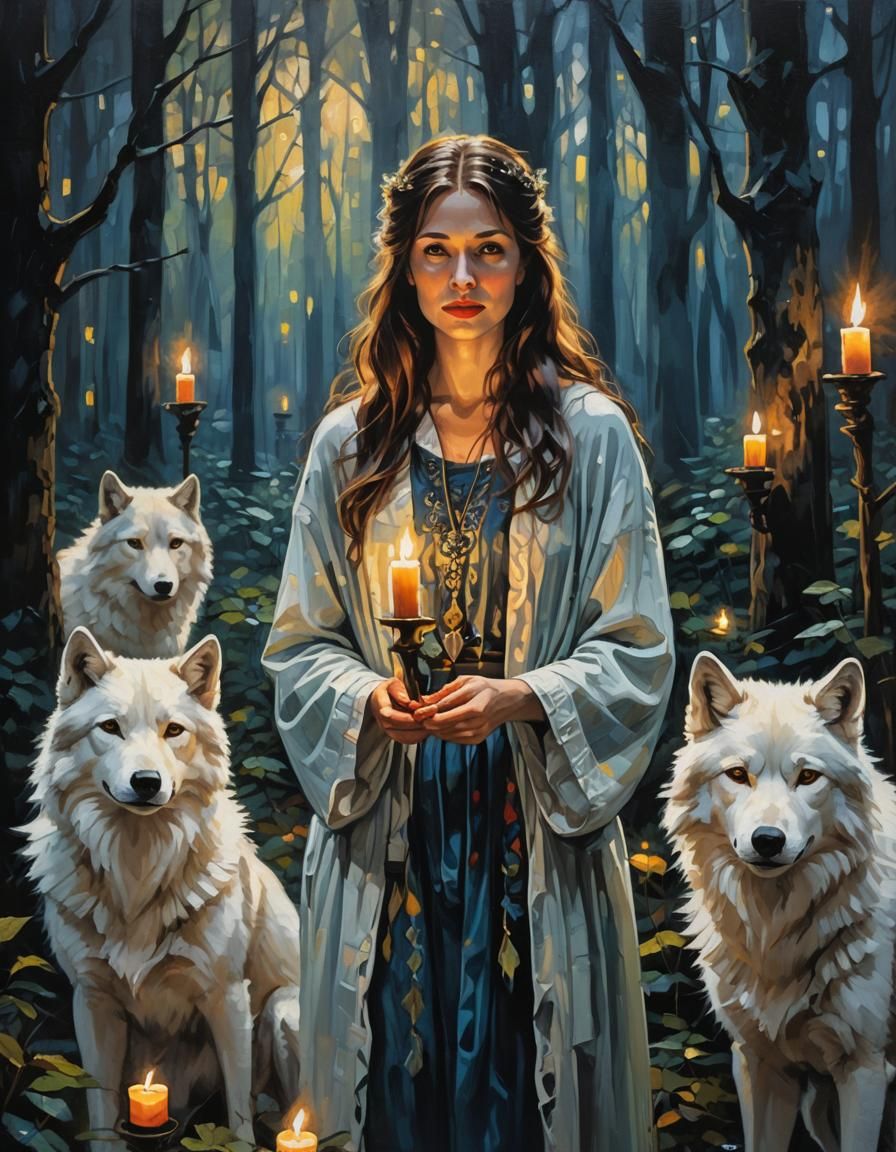 Woman and White Wolf in Candlelit Forest