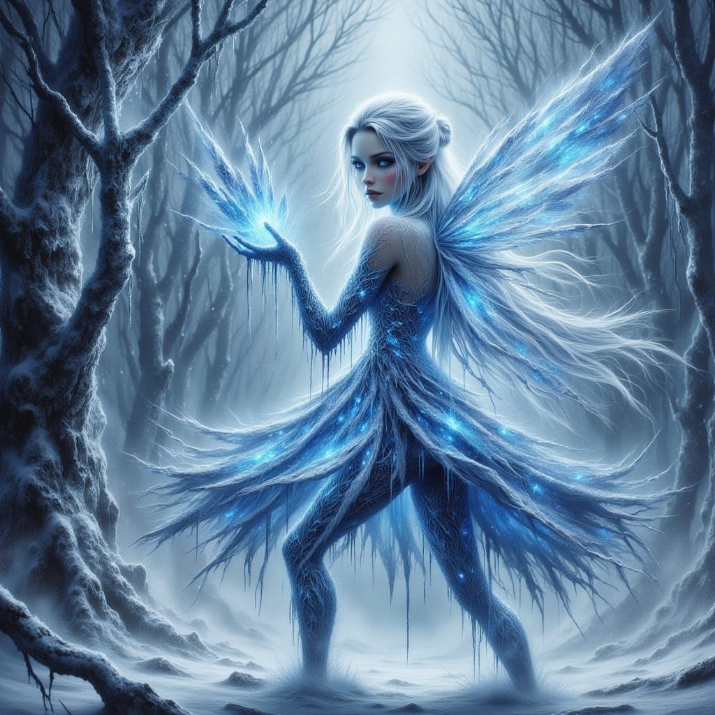 Crystallized Snow Fairy in Icy Landscape