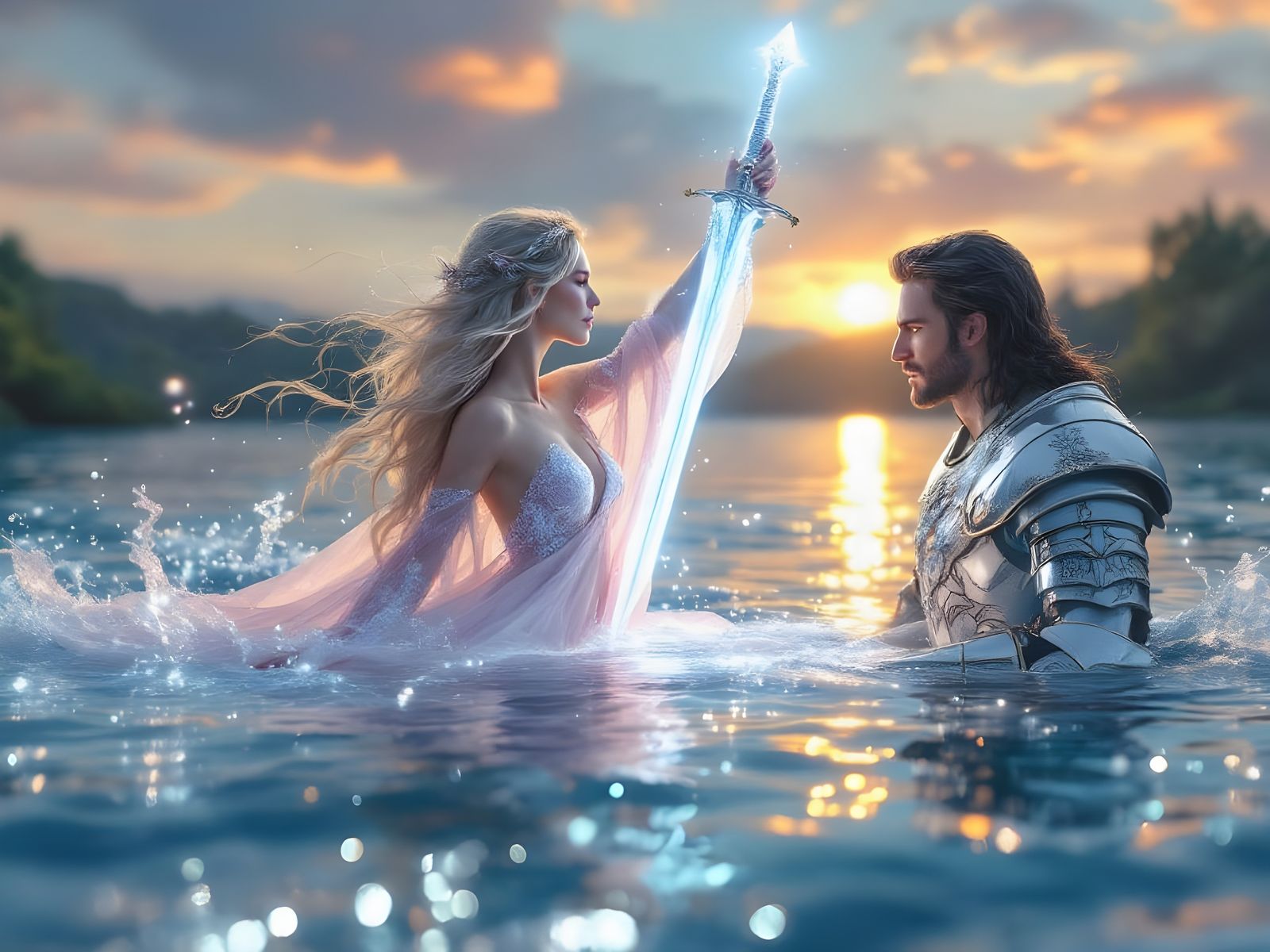 Surreal Goddess Emerges from Sparkling Lake Waters, Sword in...