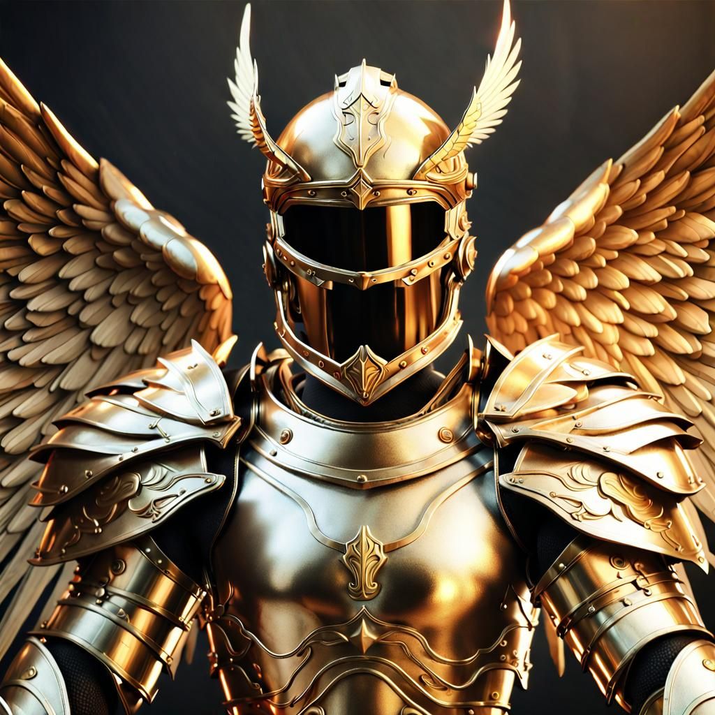 The Angel Knight in full golden armour, metallic, golden heavy armour, Majestic full helmet, glowing white angel wings, ...