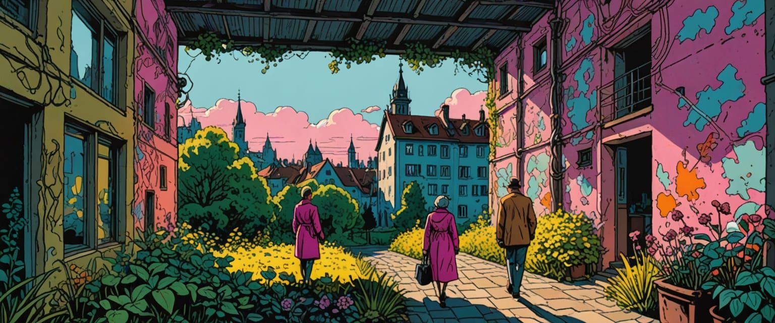 Couple Exploring Abandoned Factory in Comic Style