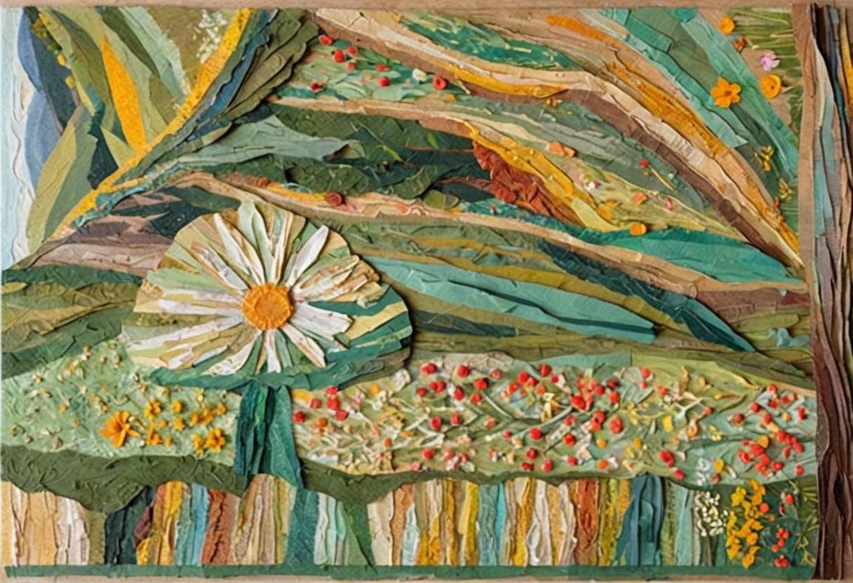 Layered Paper Landscape with Green Hills and Flowers