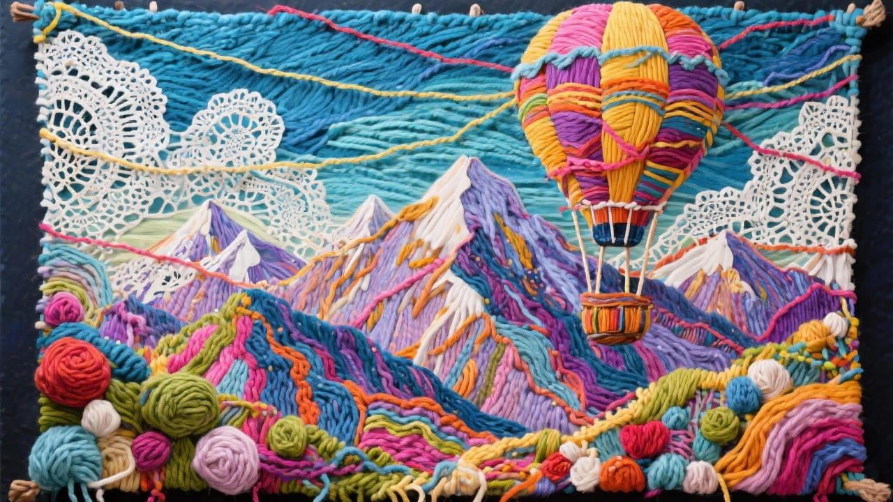 Psychedelic Woven Tapestry of Hot Air Balloon Over Mountains