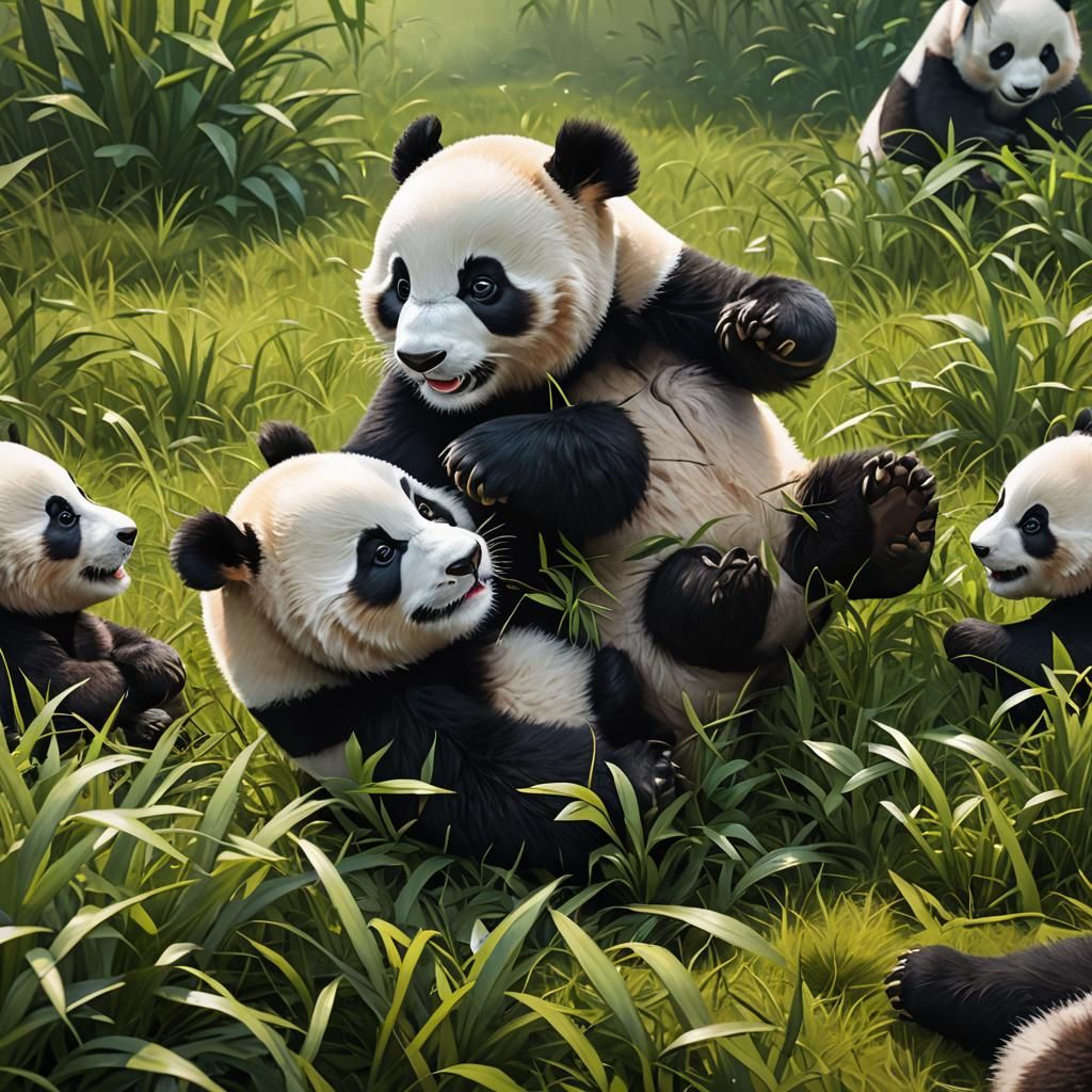 Playful Panda Cubs in Hyperrealistic Digital Art