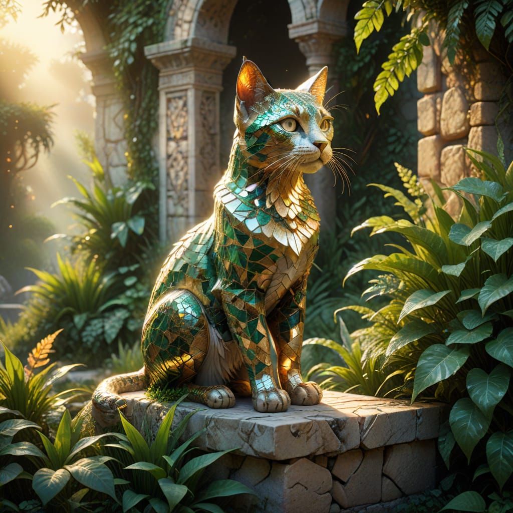 This image showcases a majestic, mosaic cat sitting proudly on a marble base, surrounded by lush greenery and an ancient...