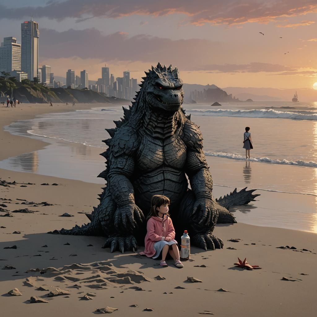 Sad Godzilla and Little Girl at Sunset
