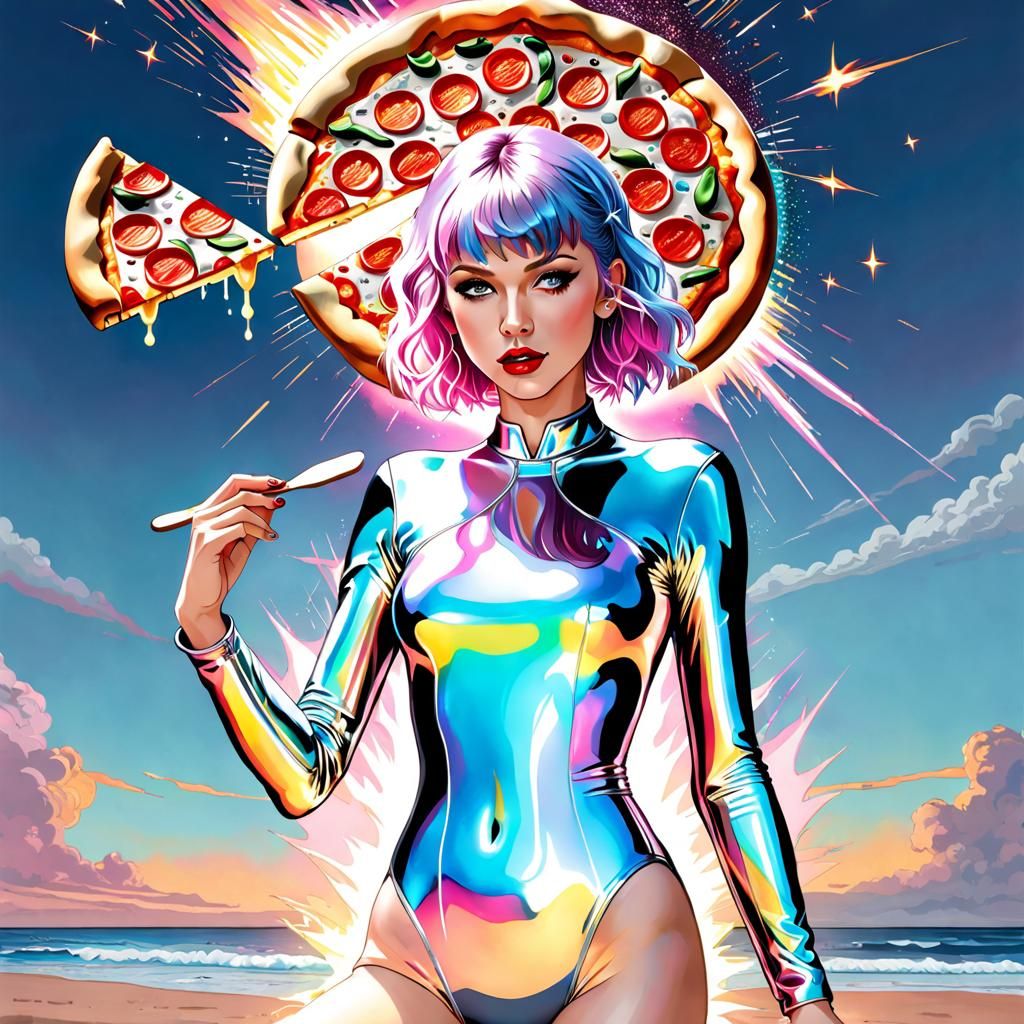 Cyborg Taylor Swift Eating Pizza in Aetherpunk Style