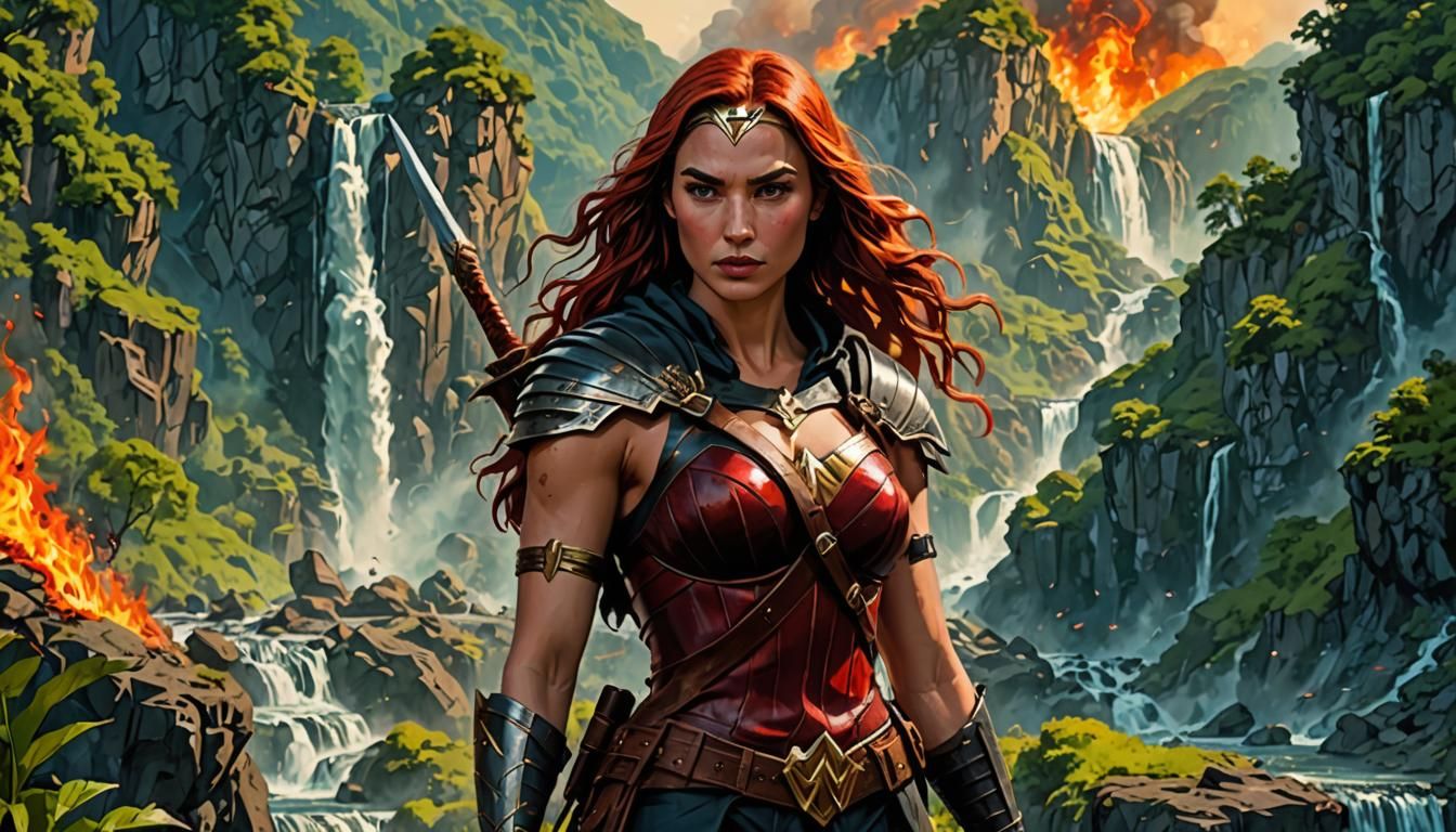 Red Sonja Barbarian Warrior in Fantasy Landscape