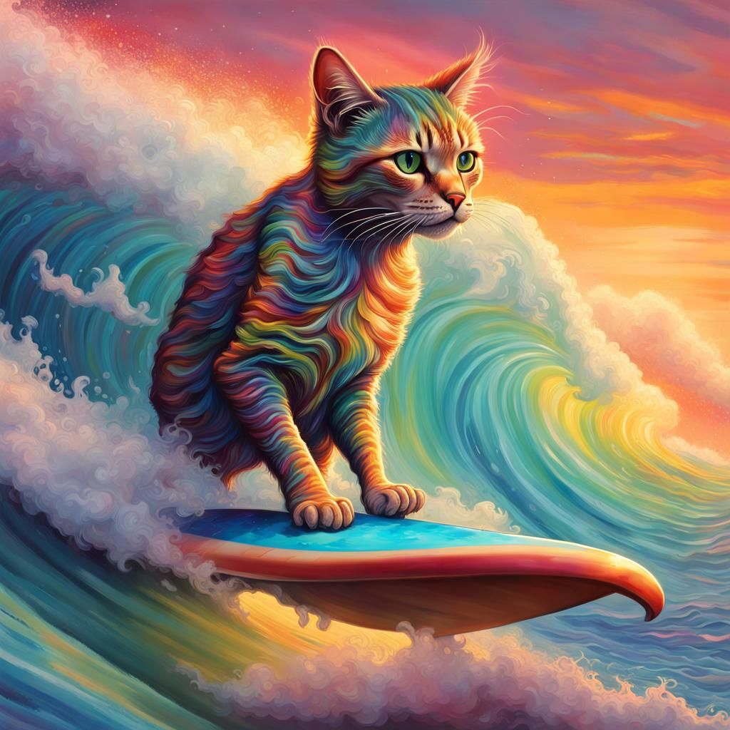 Cat Surfing Tsunami Wave at Sunset