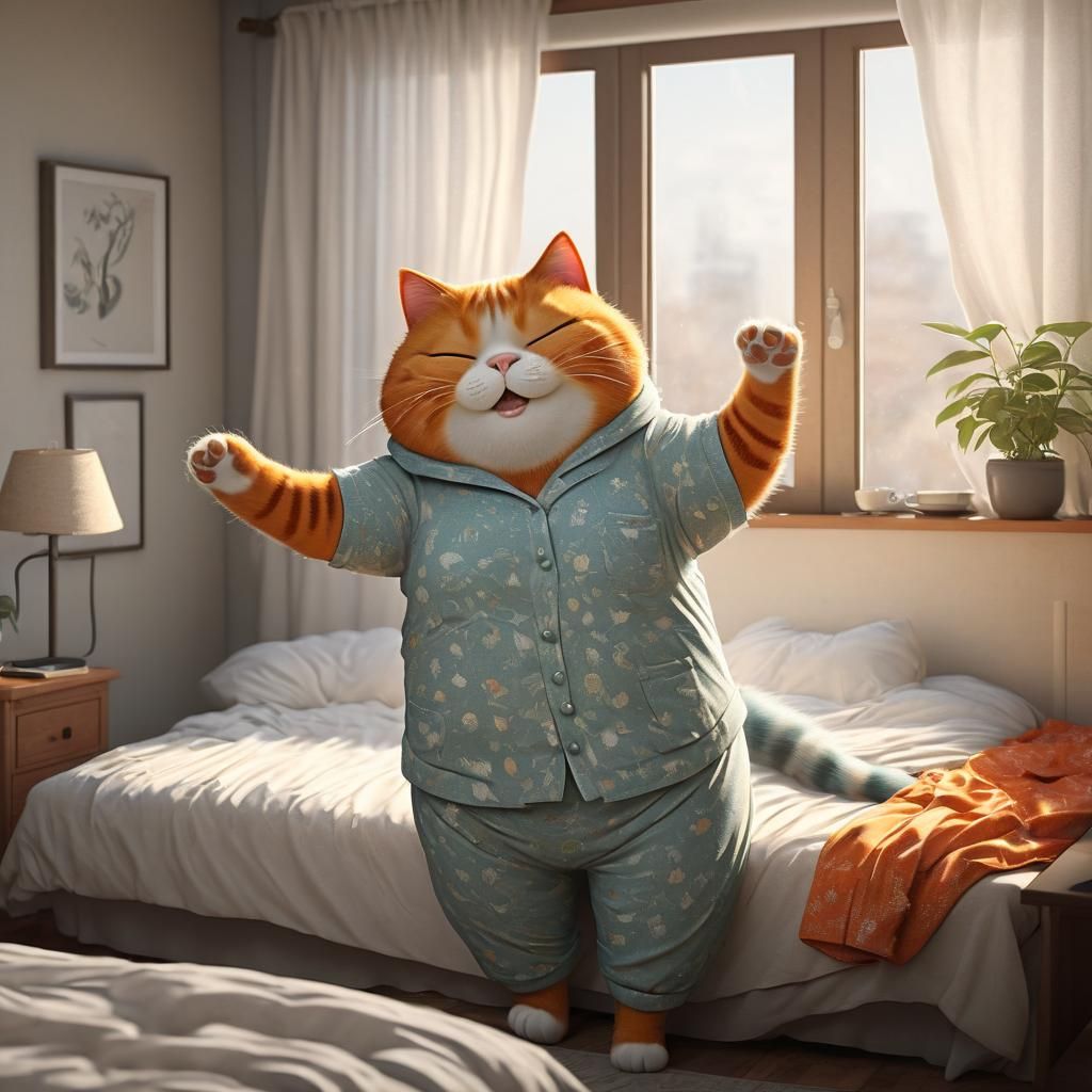 Orange Cat Waking Up in Cozy Bedroom