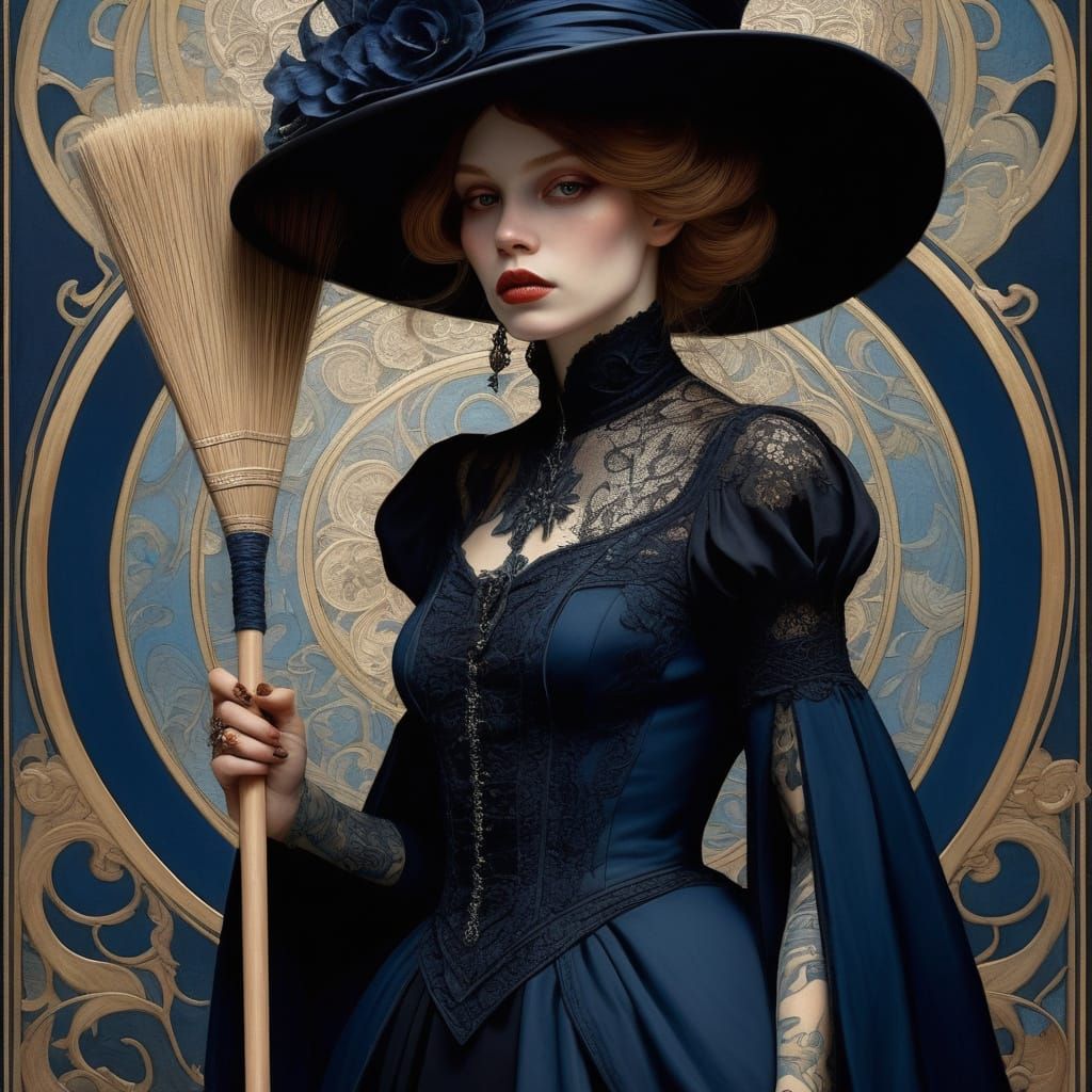 Gothic Haute Couture: Woman in Blue Gown with Tattoos