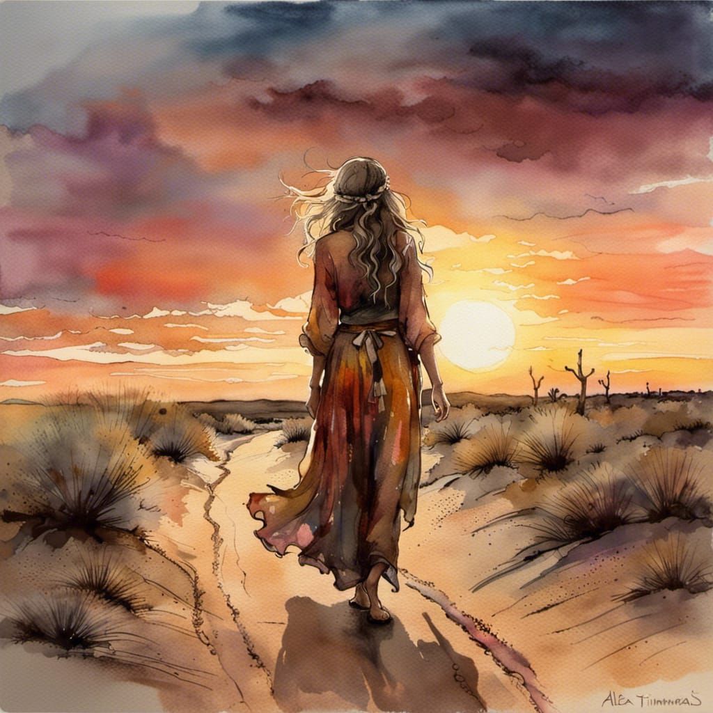 Boho Lady Walking in Desert Sunset