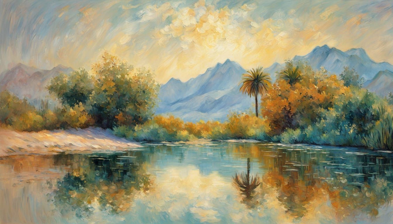 Golden Desert Oasis in Vibrant Painterly Style