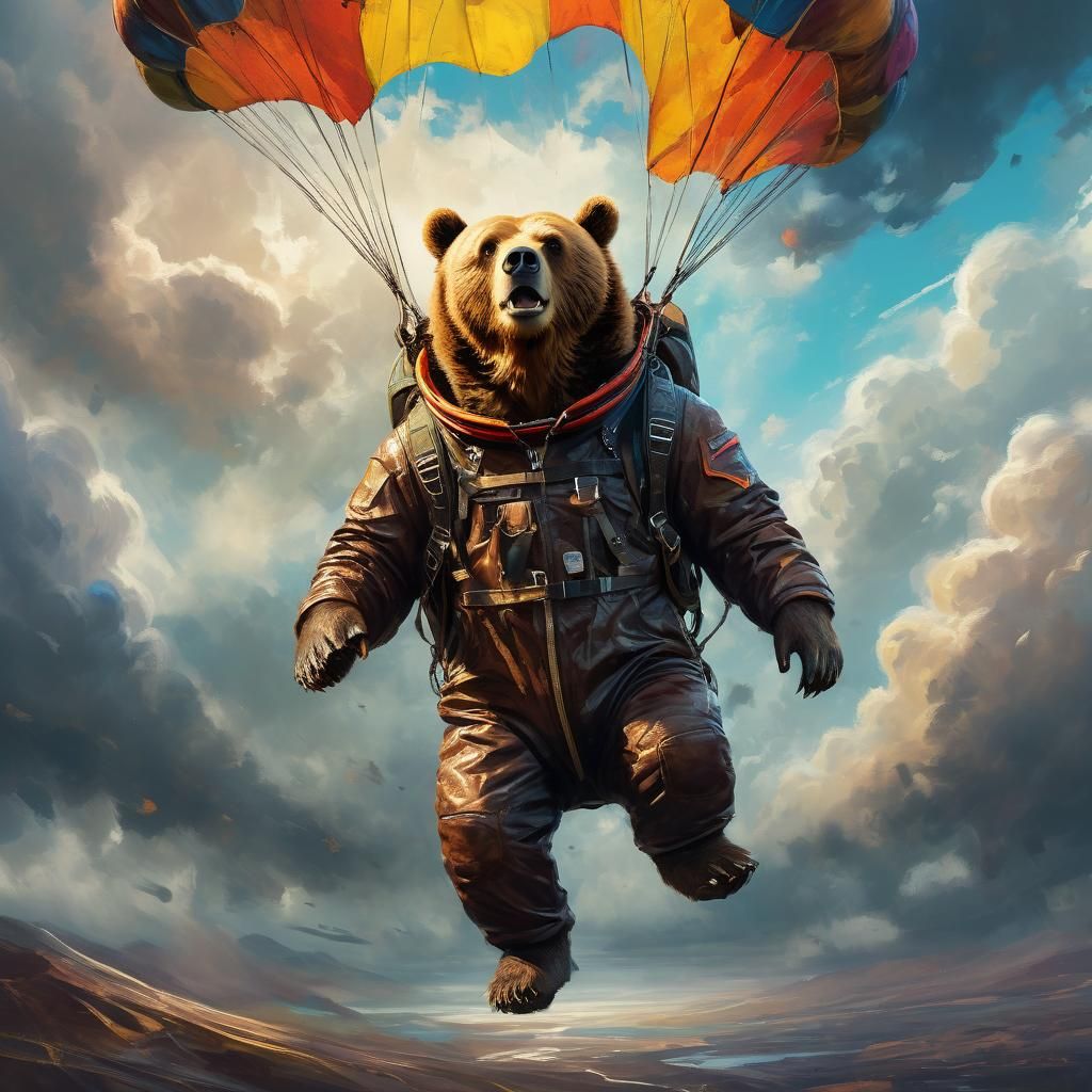 Bear Parachuting in Oil Painting Style