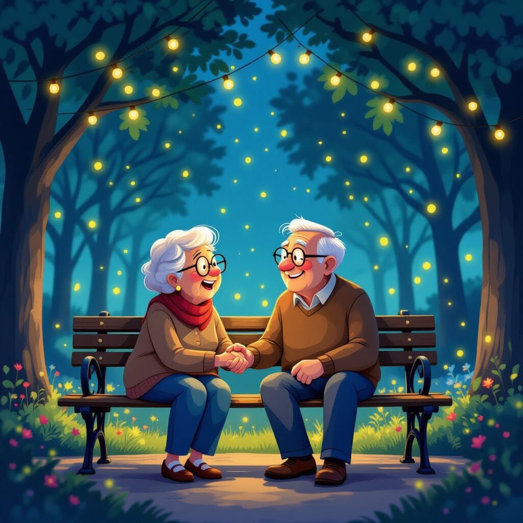Elderly Couple Laughs on Bench Under Twinkling Lights, Firef...