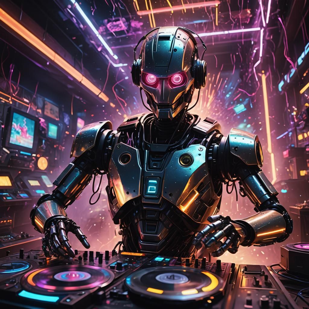 Robot DJ at Intergalactic Rave in Neon Lights