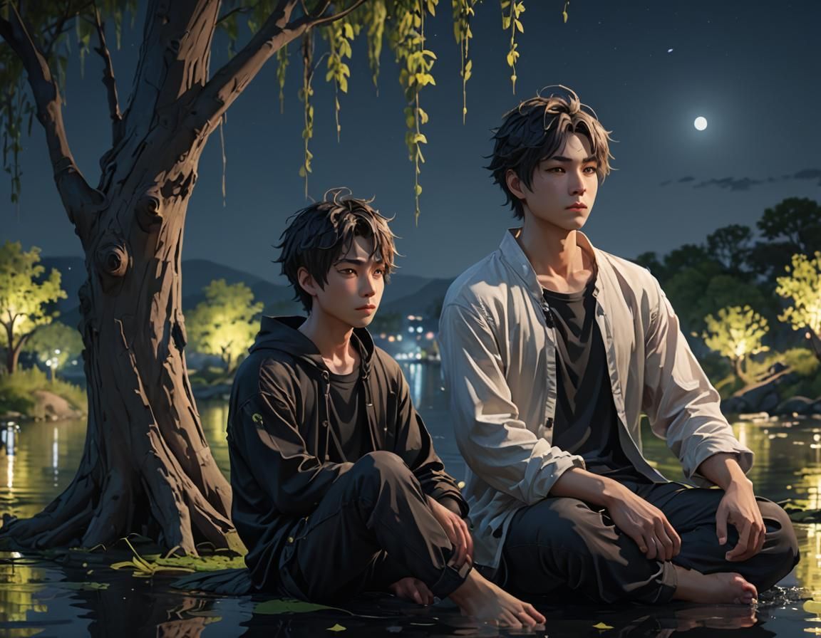 Brothers Staring Across Water at Night in 3D Anime Art