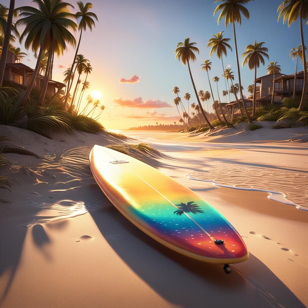 Surfboard at Sunset: Pixar-Style 3D Concept Art