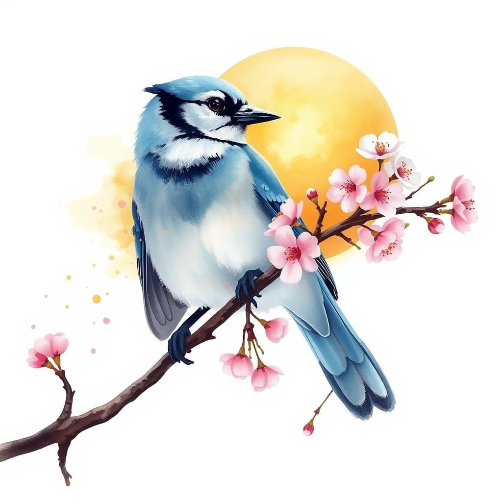 Pastel Bluejay on Cherry Branch at Sunset Watercolour