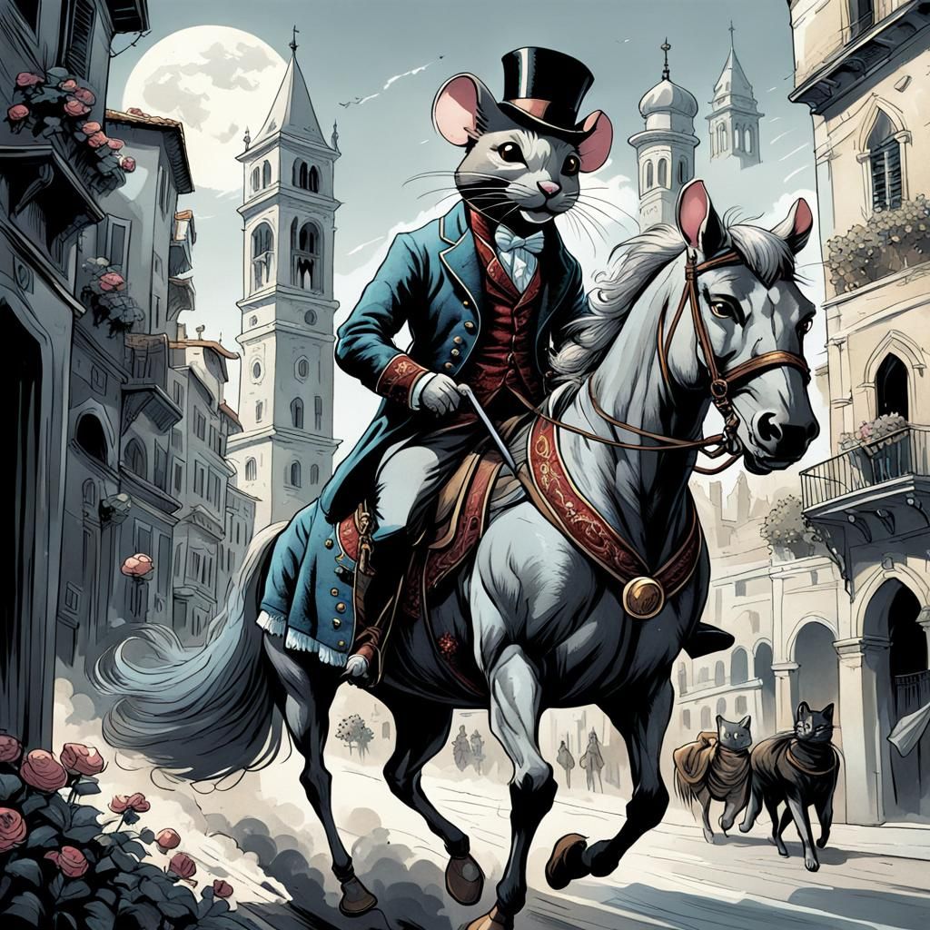 Mouse Riding a Cat in Italian City, Comic Book Art