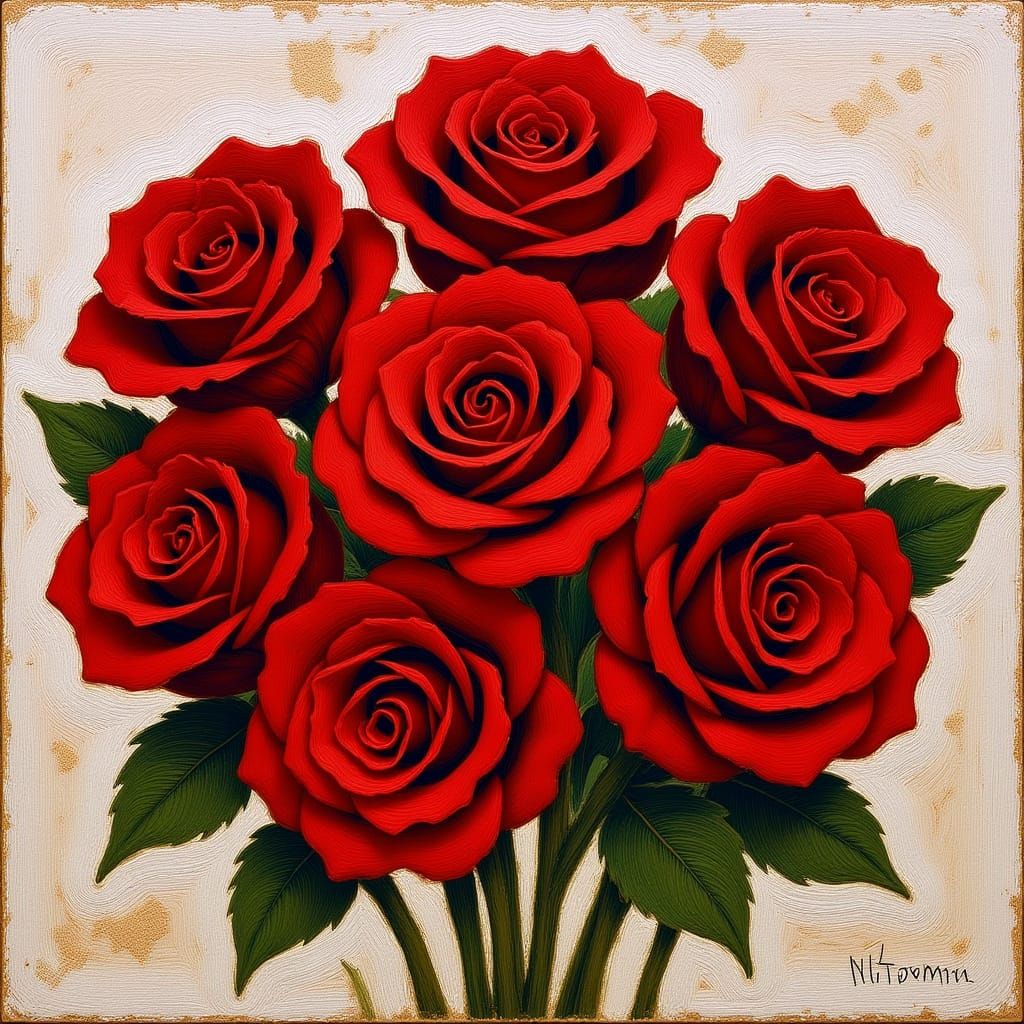Dramatic Red Roses Bouquet in Oil Colors