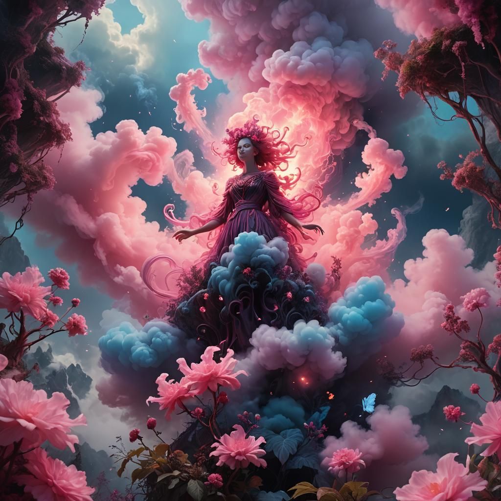 Ethereal Pink Entity in Mystical Flora Landscape