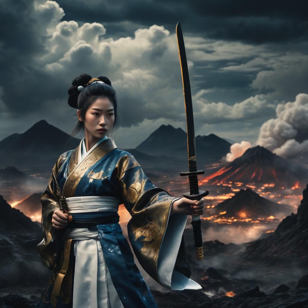 Female Samurai in Dystopian Volcano Landscape
