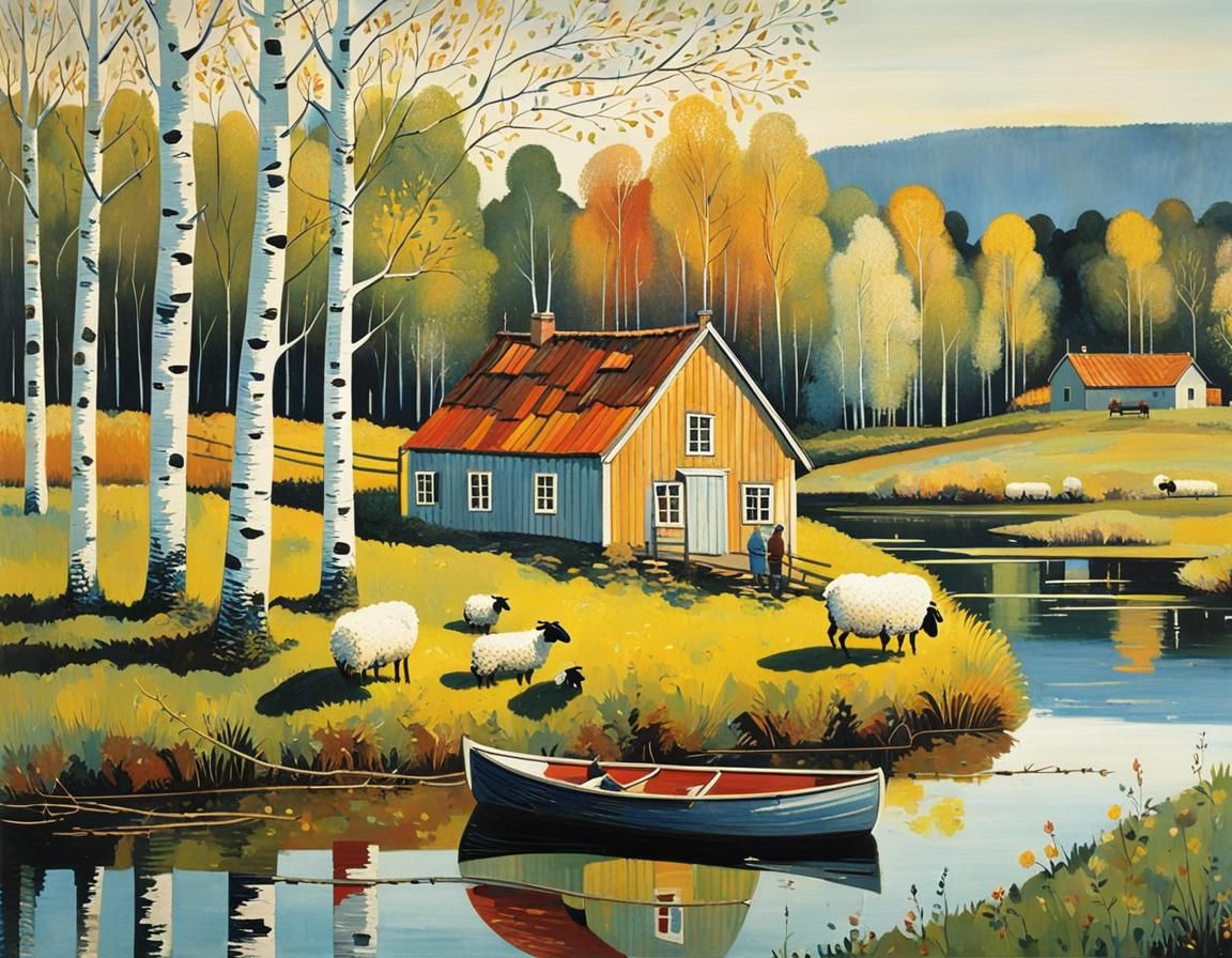 Sunny Spring Farm Scene with Sheep and Fishing Boy