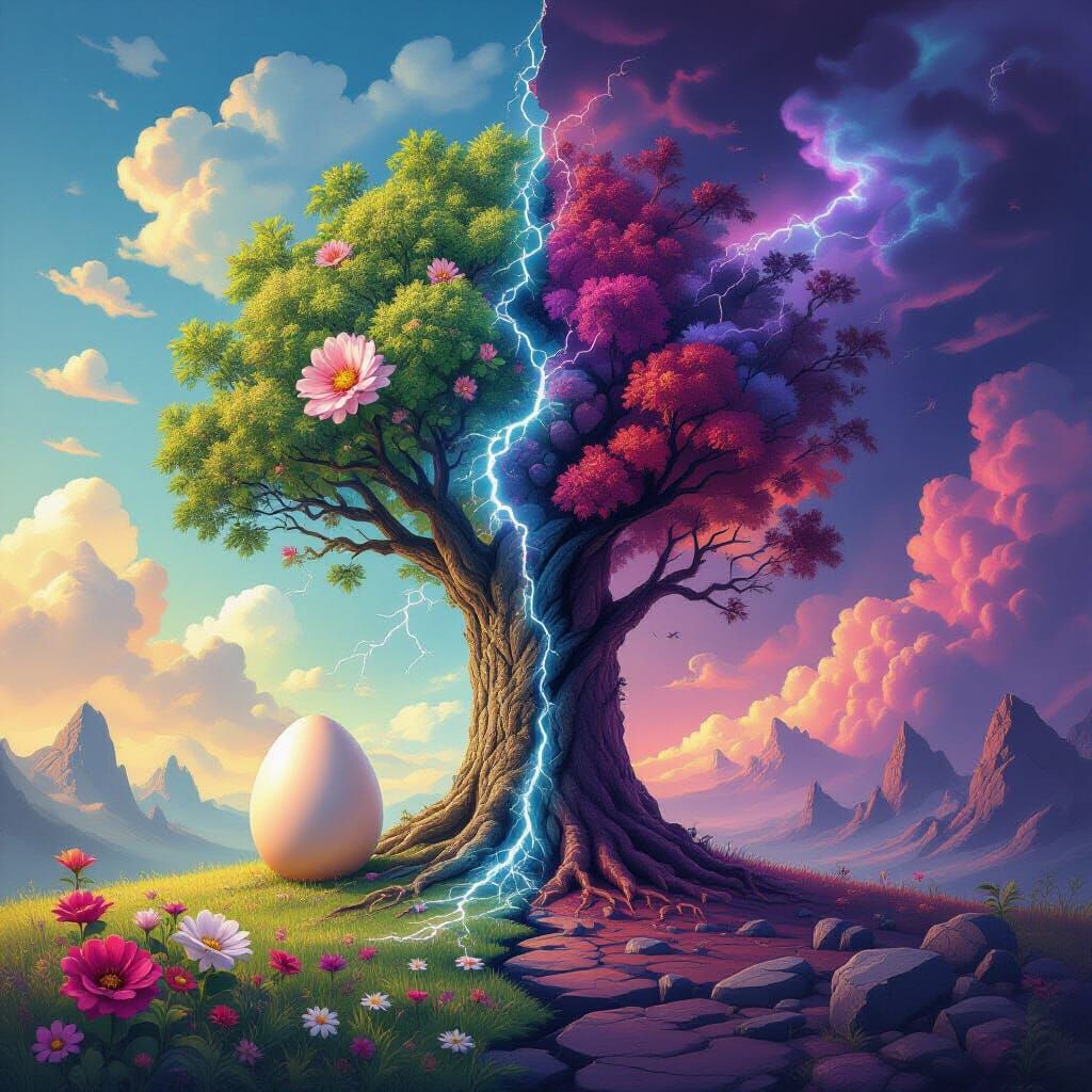 Whimsical World and Ominous Landscape with Split Tree