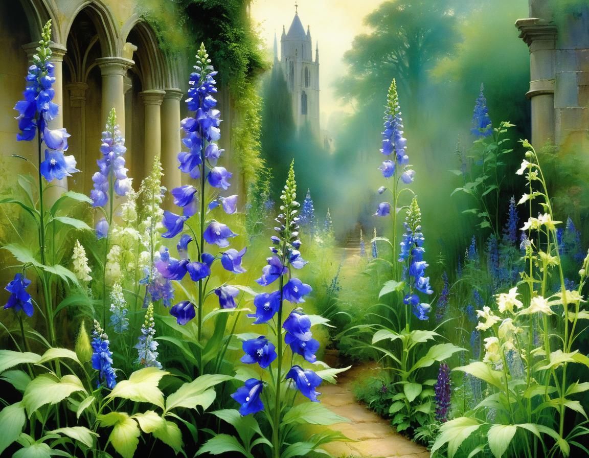 Monastery Garden with Delphinium and Monkshood