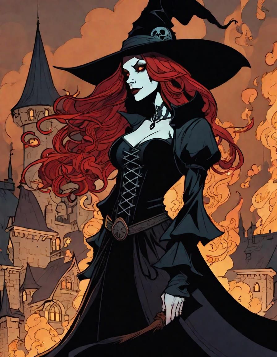 Gothic Fire Witch in Cel-Shading Style
