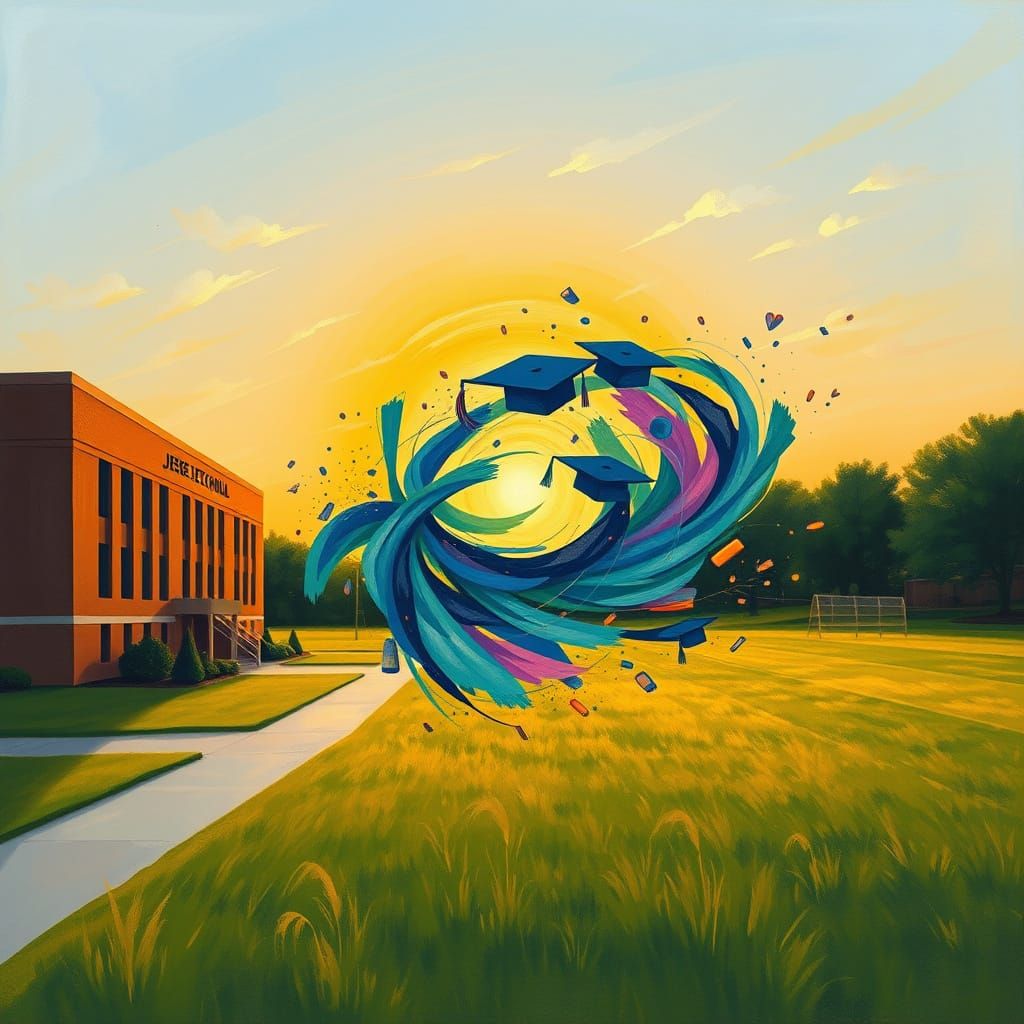 Serene Sunset School Scene in Dreamlike Fusion of Realism an...