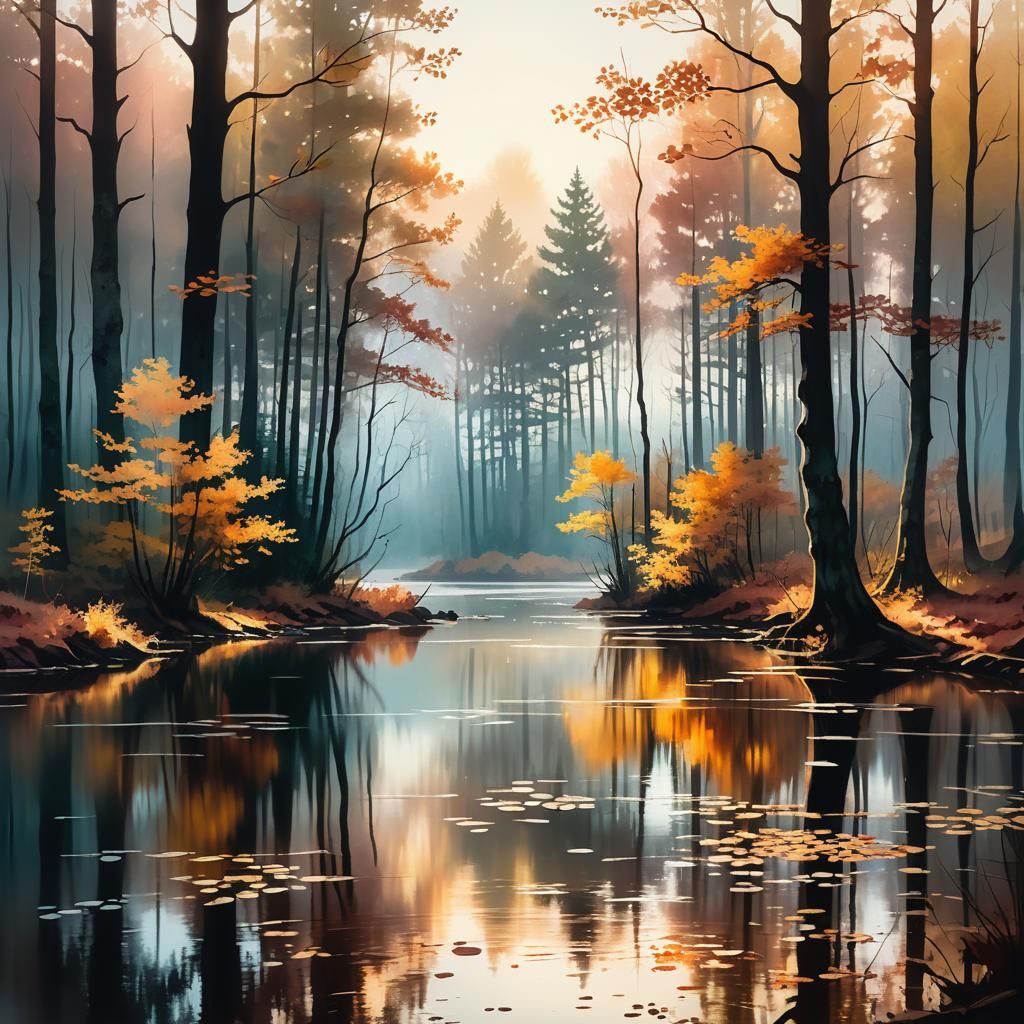 Watercolor Forest Landscape at Sunset
