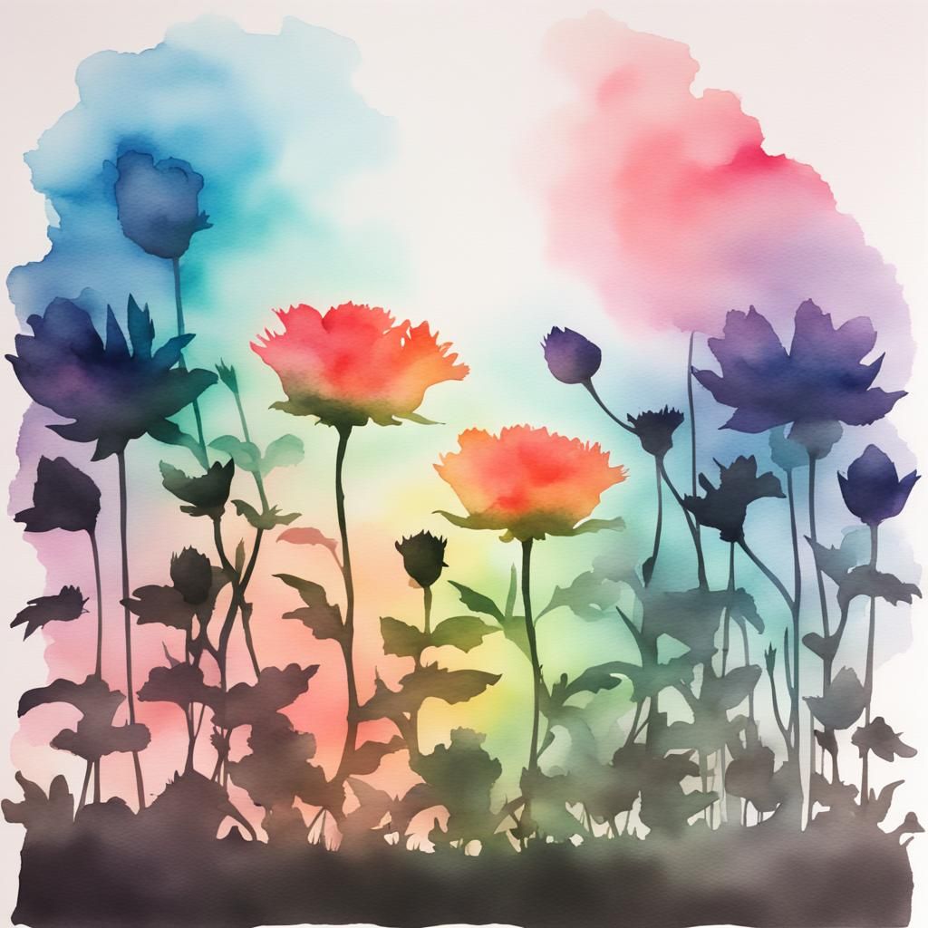 Double Exposure Flower Bed in Watercolor and Acrylic