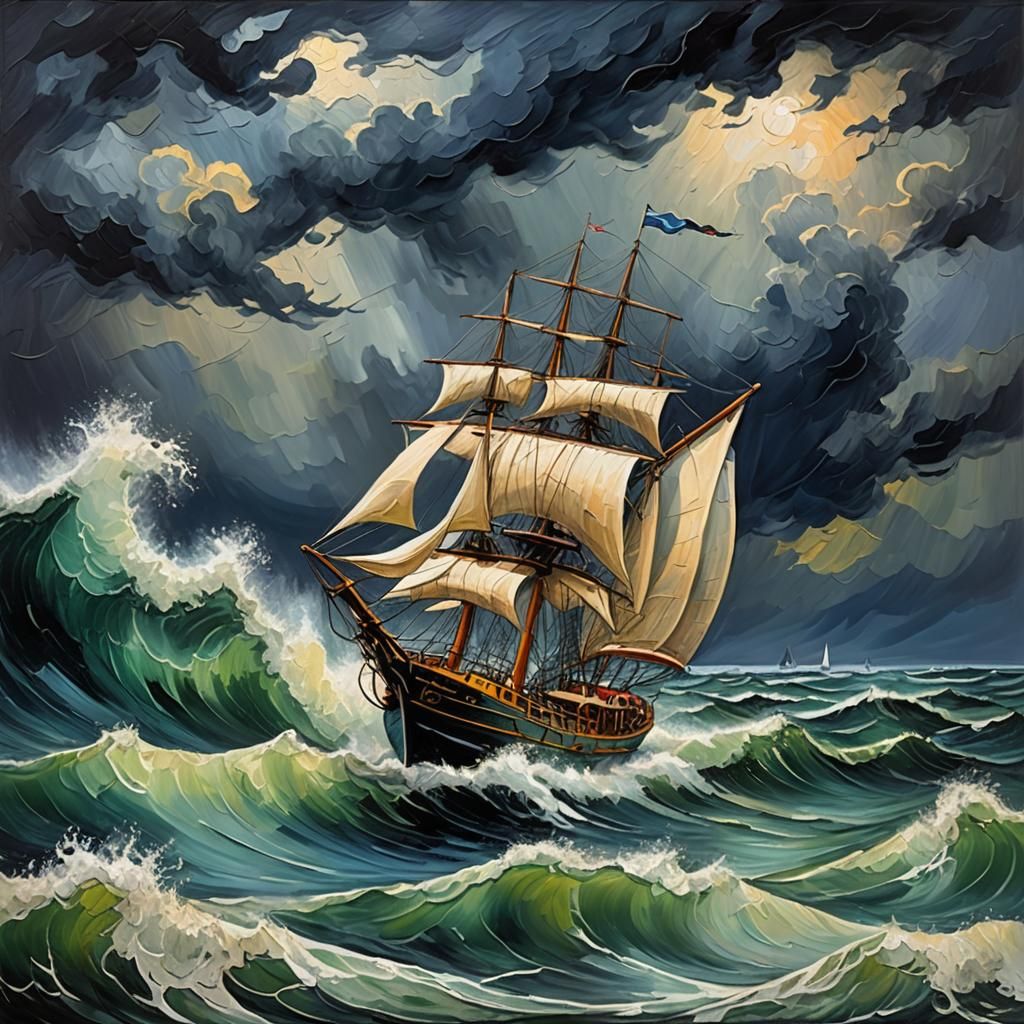 Sailboat in Storm as Impasto Oil Painting