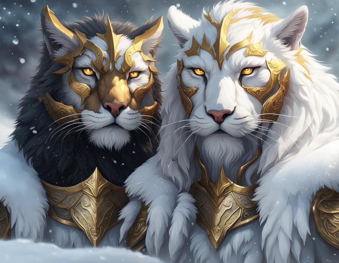 Armored Mystical Cats in Snow, Digital Art