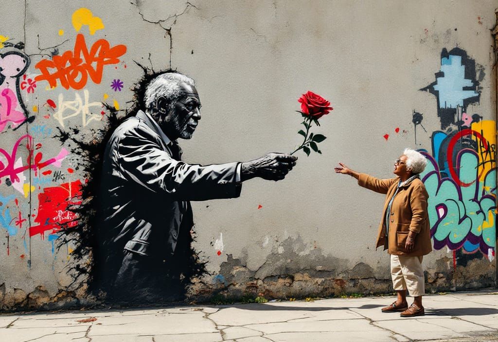 Banksy-esque Mural: Man Emerges with Rose