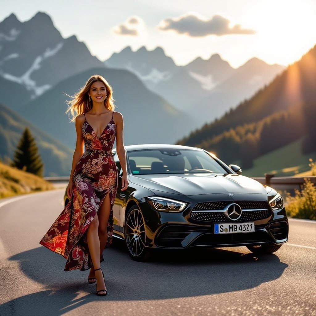 Austrian Woman Poses with Mercedes-Benz in Golden Hour