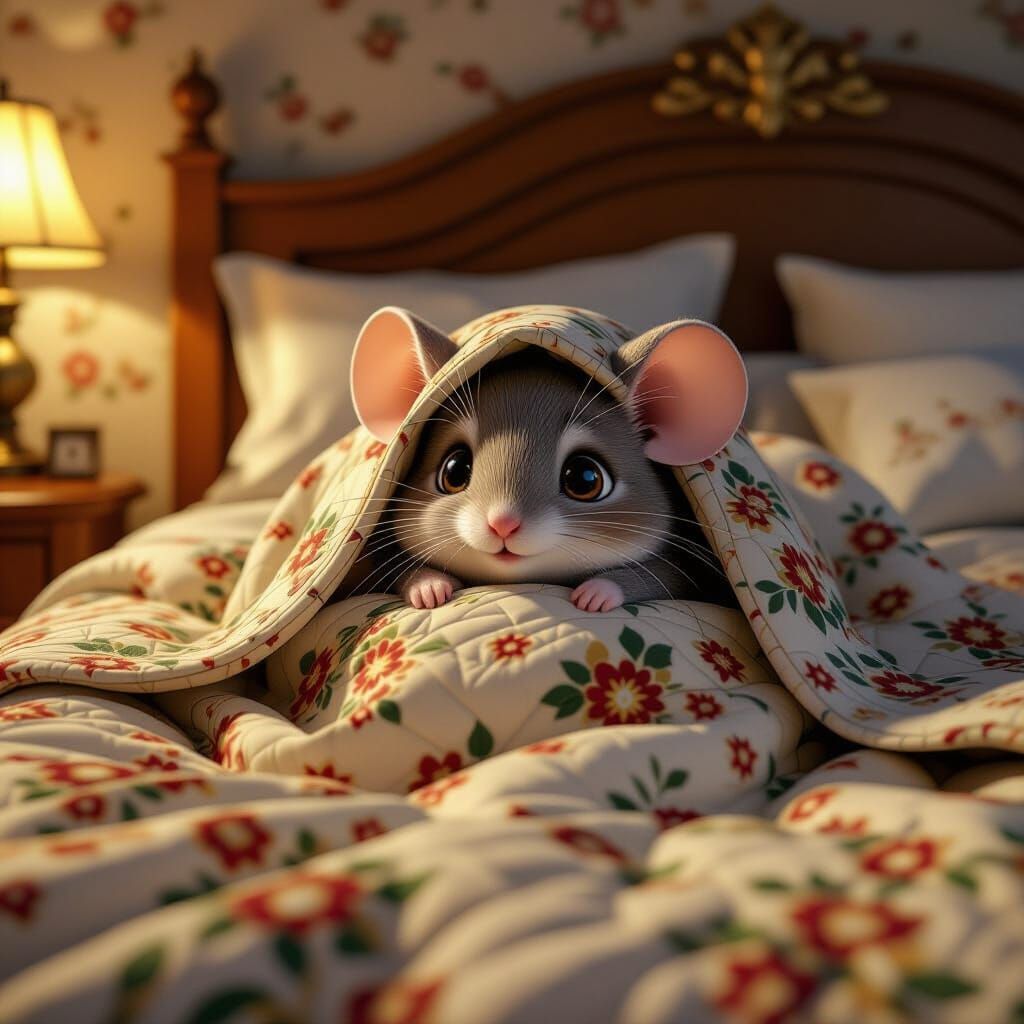 Shy Mouse Hiding in Bed, Anime-Inspired 3D Art