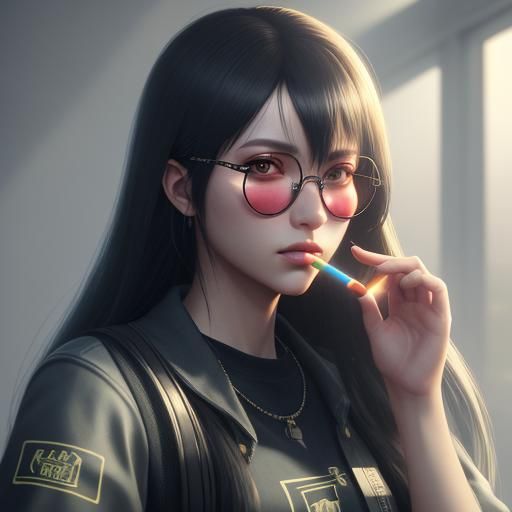 Anime Girl Smoking in Dimly Lit Room, 3D Art