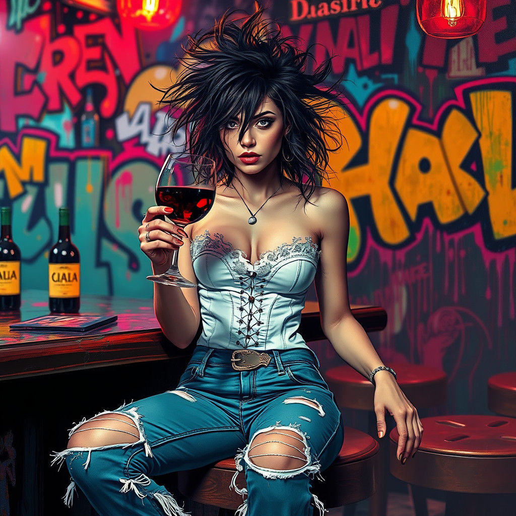 Woman at Bar Surrounded by Graffiti Art