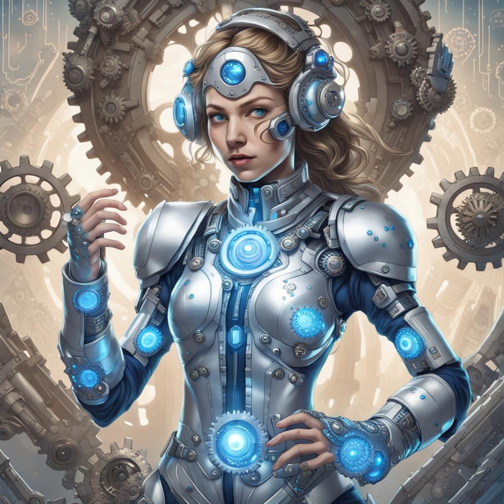Technological Daughter in Cyberpunk Style with Gears