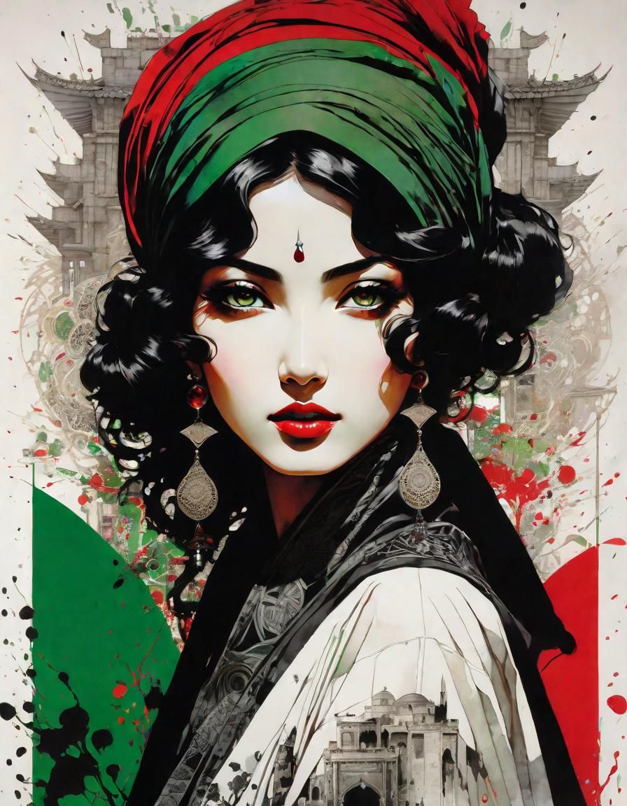 Palestinian Woman Portrait in Ink Drawing Style