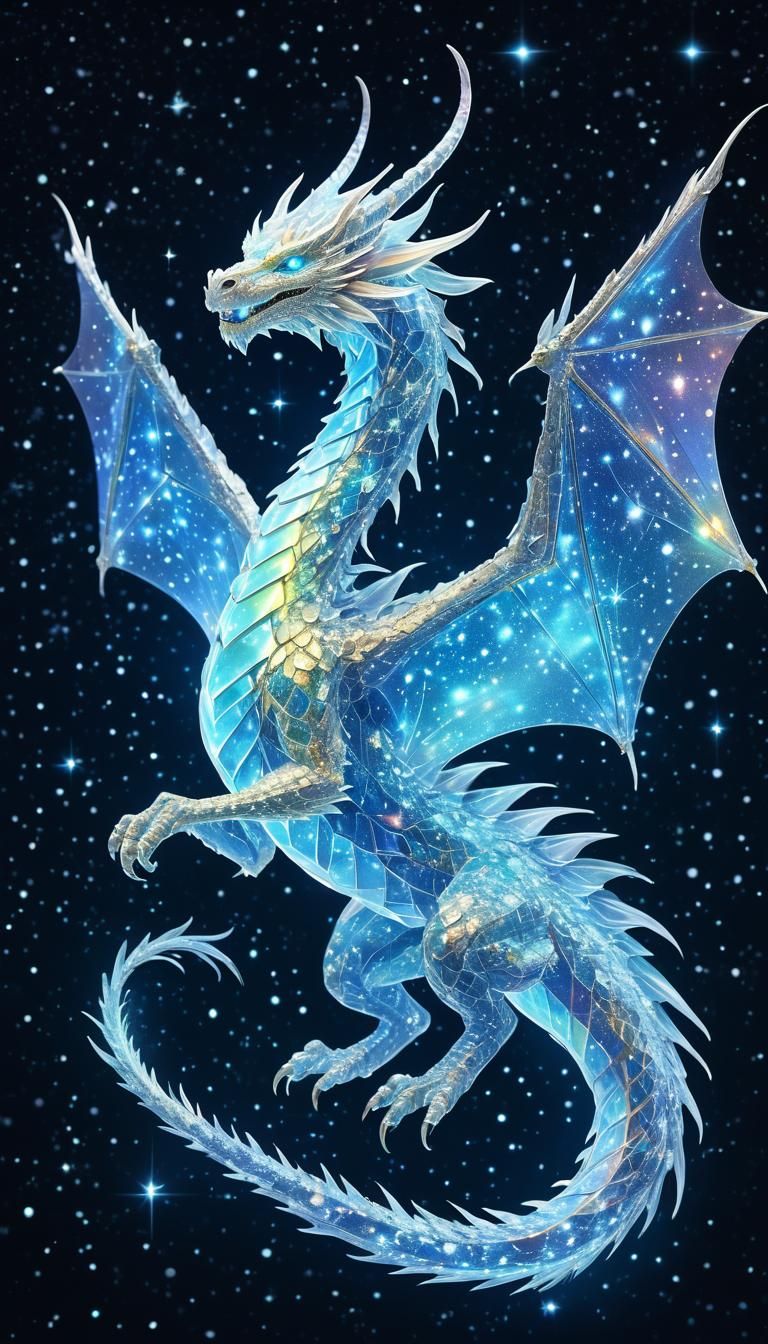 Translucent Light Dragon formed of radiant crystals, flying behind a background of stars, and constellations, luminous l...