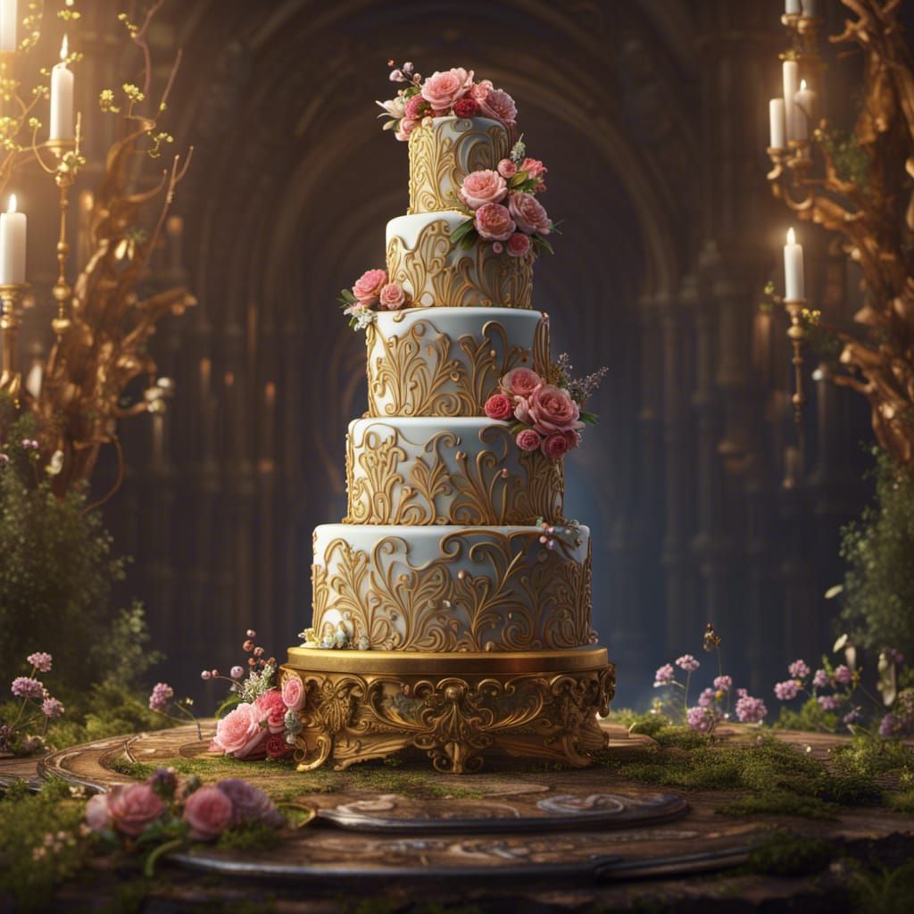 Golden Wedding Cake in Forest: Detailed Fantasy Art