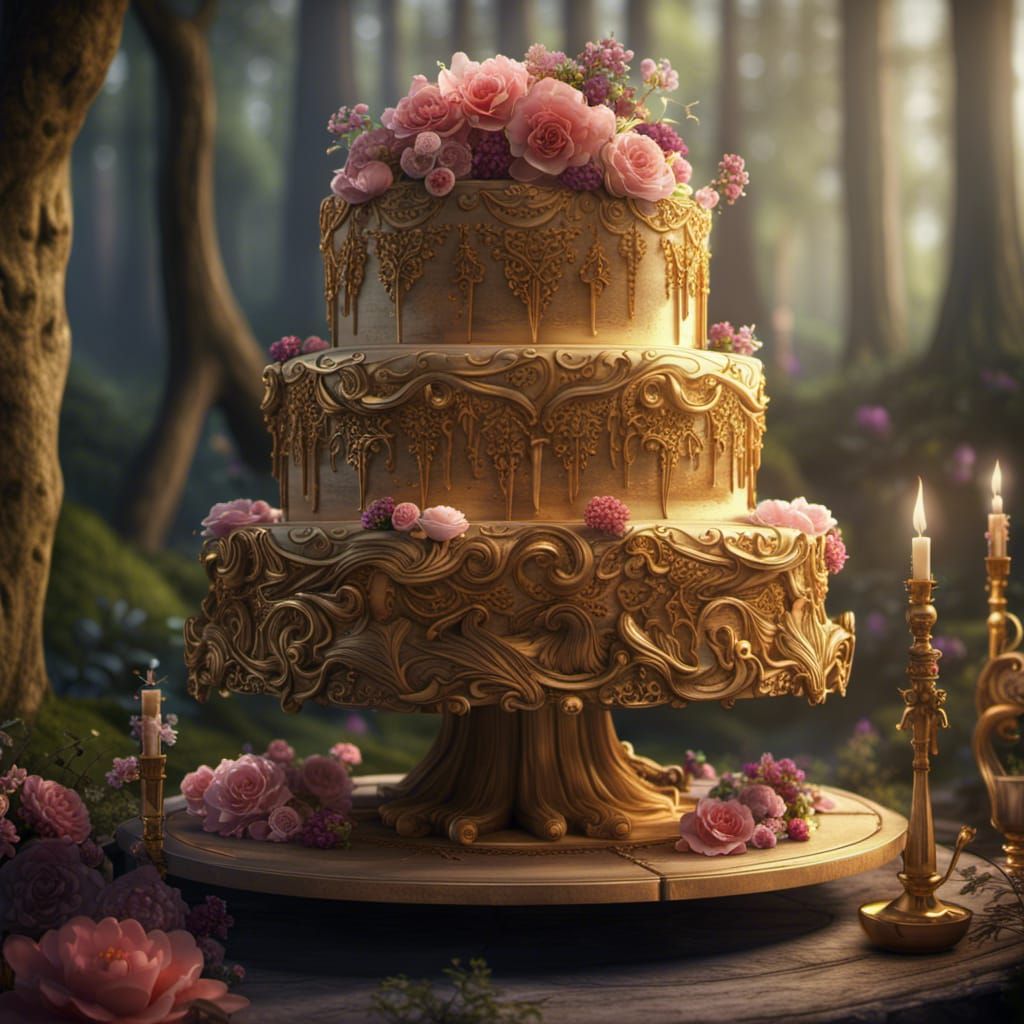 Gold Wedding Cake in Enchanted Forest, Detailed Art